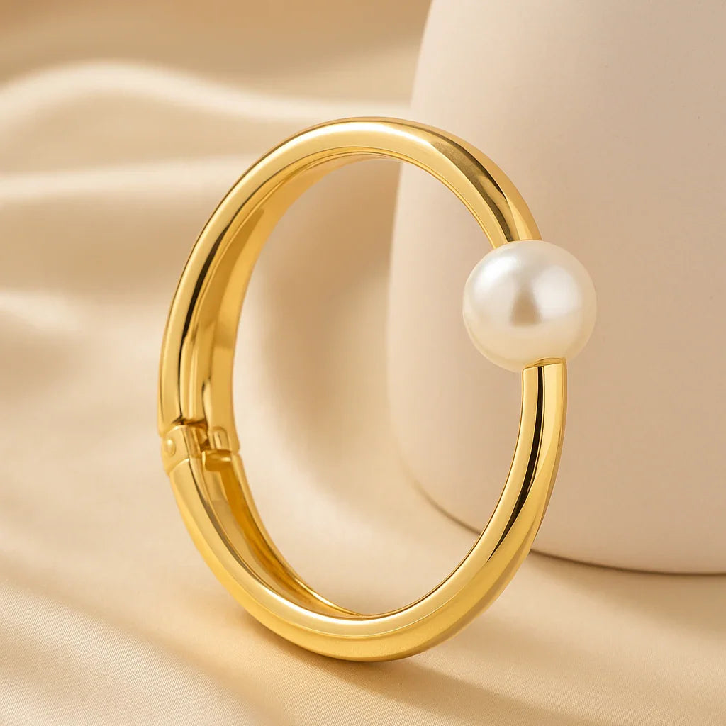 Bold Pearl Charm Gold Bangle – Anti-Tarnish & Waterproof - Gems and Glitter