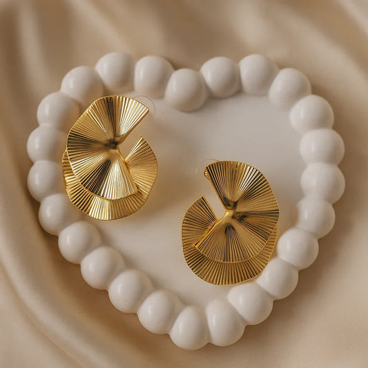 Gold Tone Fan-Shaped Earrings – Statement Anti-Tarnish Jewelry - Gems and Glitter