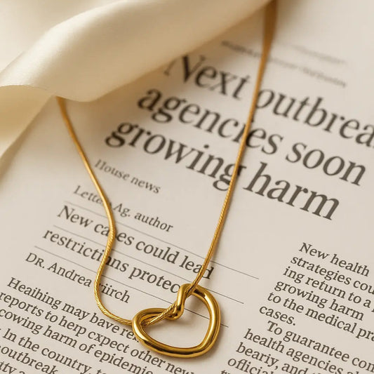 Gold necklace with a heart pendant on an open book