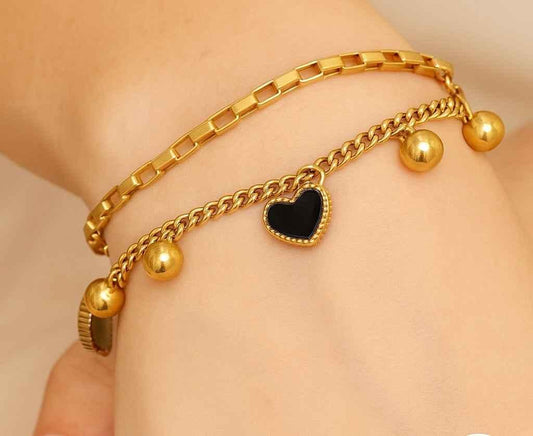 Anti-Tarnish Dual Heart Charm Gold Bracelet – Waterproof & Elegant