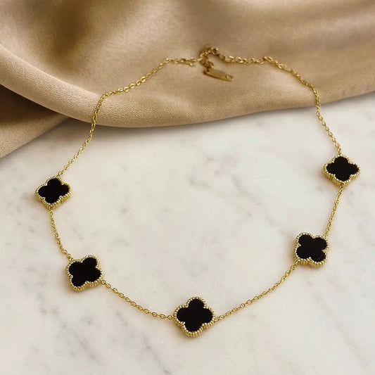 Anti-Tarnish Black Clover Gold Jewelry Set with matching necklace, bracelet, earrings, and ring