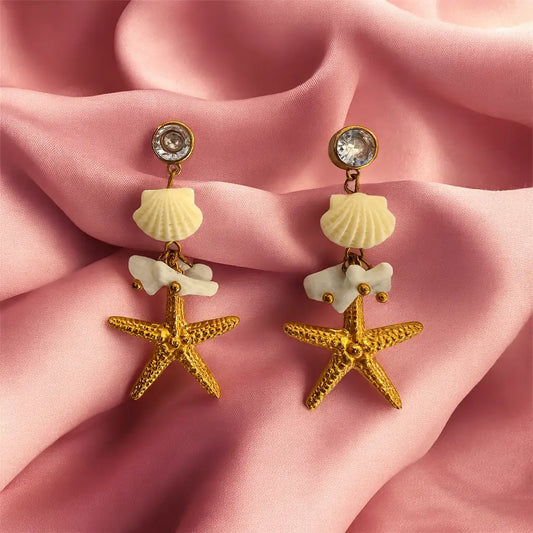Anti-Tarnish Gold Starfish & Seashell Dangle Earrings