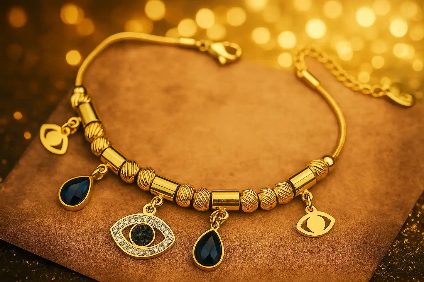 Gold bracelet with eye-shaped charms on a gold background