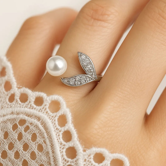 Elegant Silver Pearl & Crystal Leaf Ring – Anti-Tarnish, Hypoallergenic