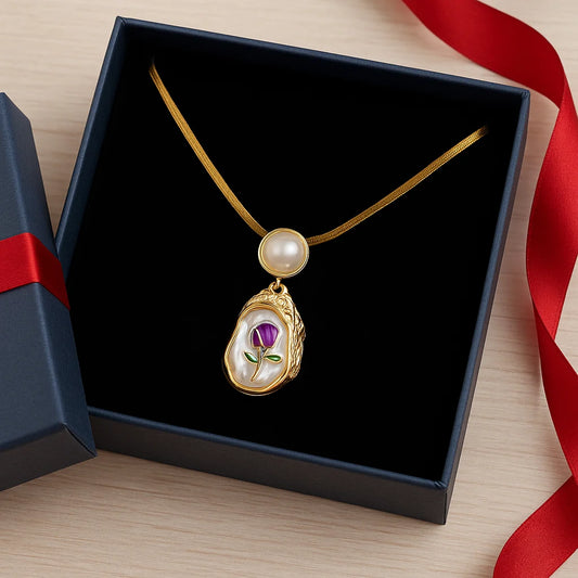 Anti-Tarnish Pearl & Rose Design Pendant Necklace – Elegant Gold Chain Jewelry