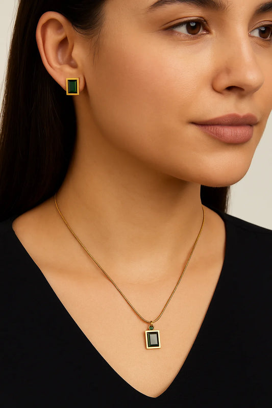 Anti-Tarnish Emerald Green Pendant Set with Earrings in gold finish