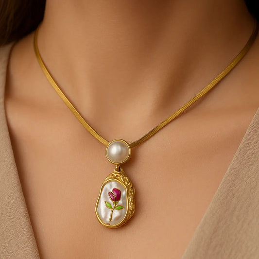 Anti-Tarnish Pearl & Rose Design Pendant Necklace – Elegant Gold Chain Jewelry