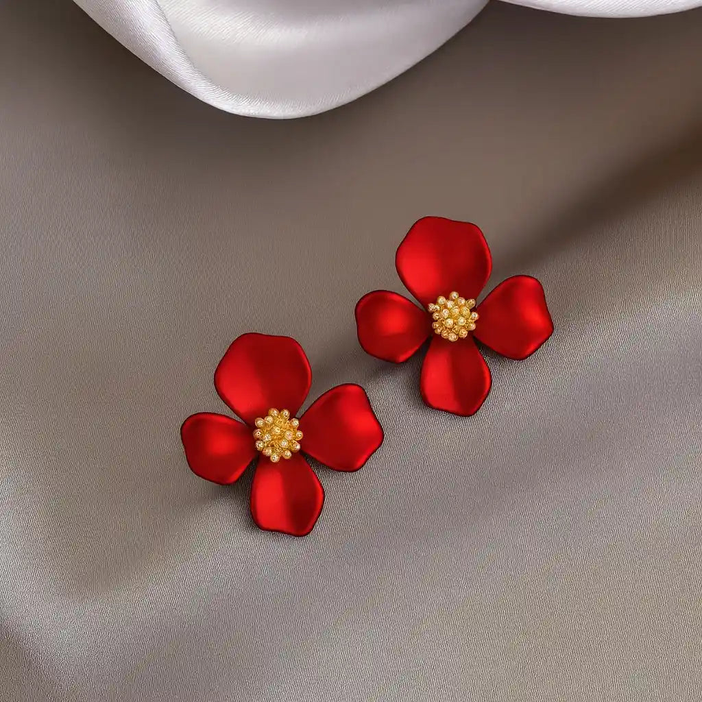 Red Flower Korean Earrings – Floral Studs | Buy 2 Get 4 Offer (Prepaid Only)