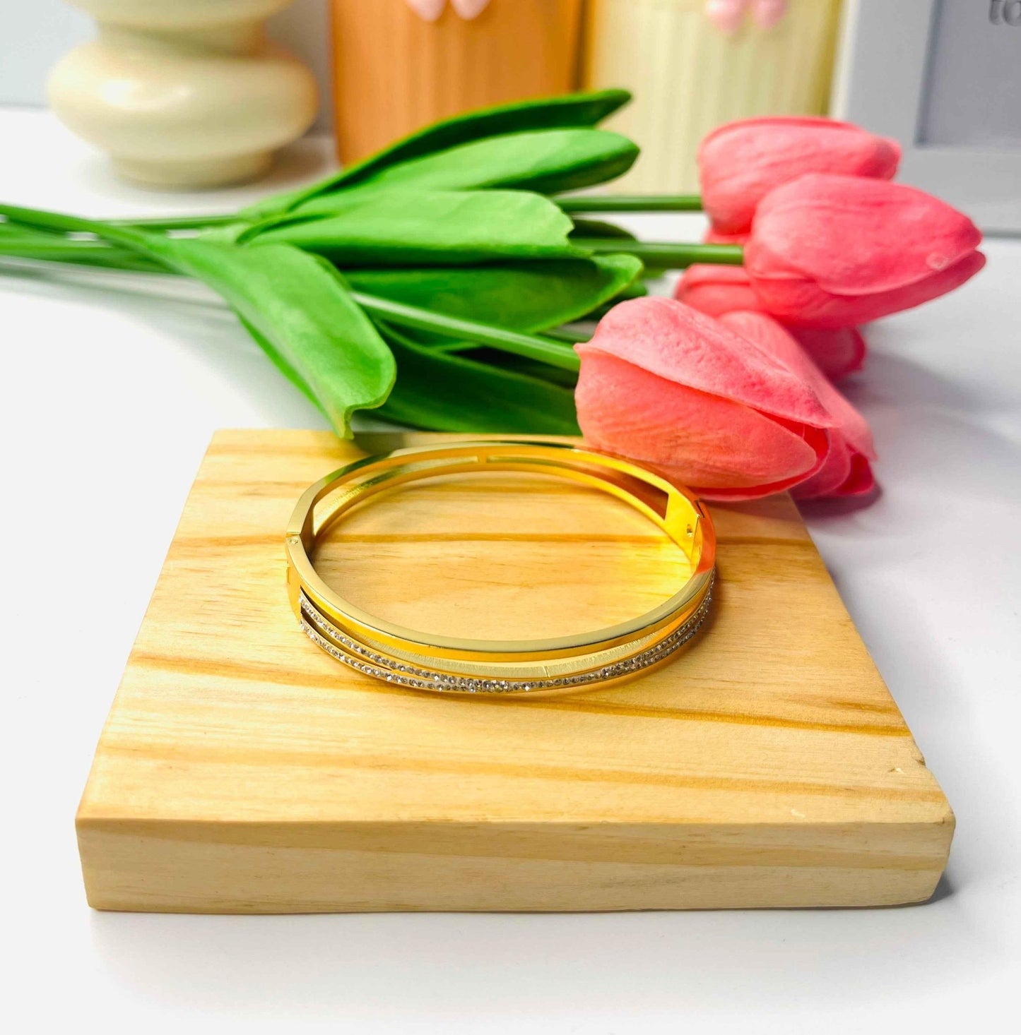Glimmering Gold Bangle with Diamond Accents - Gems and Glitter anta - tarnish