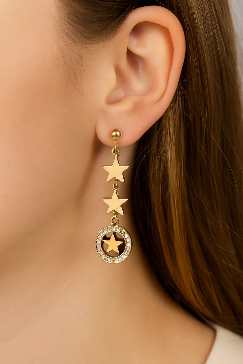Gold Star Drop Earrings with Black Accent – Dangle Design - Gems and Glitter anta - tarnish