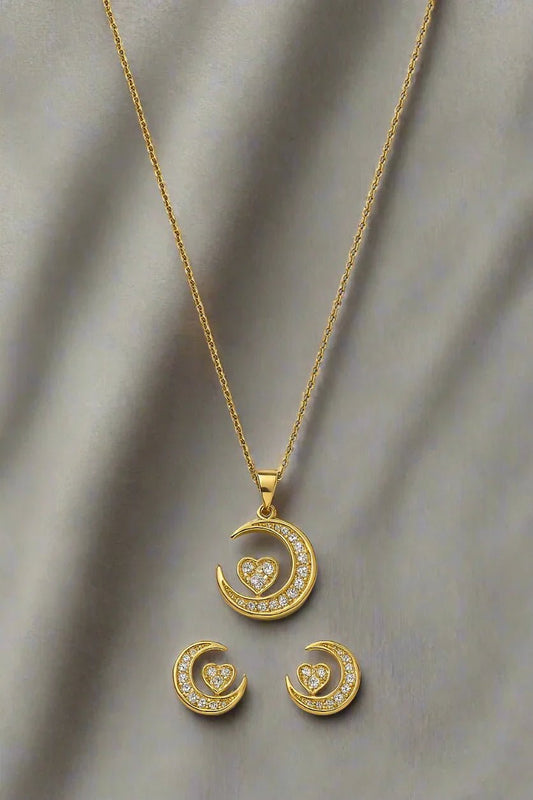 Heart and Crescent Moon Jewelry Set – Gold - Tone Anti - Tarnish - Gems and Glitter anta - tarnish