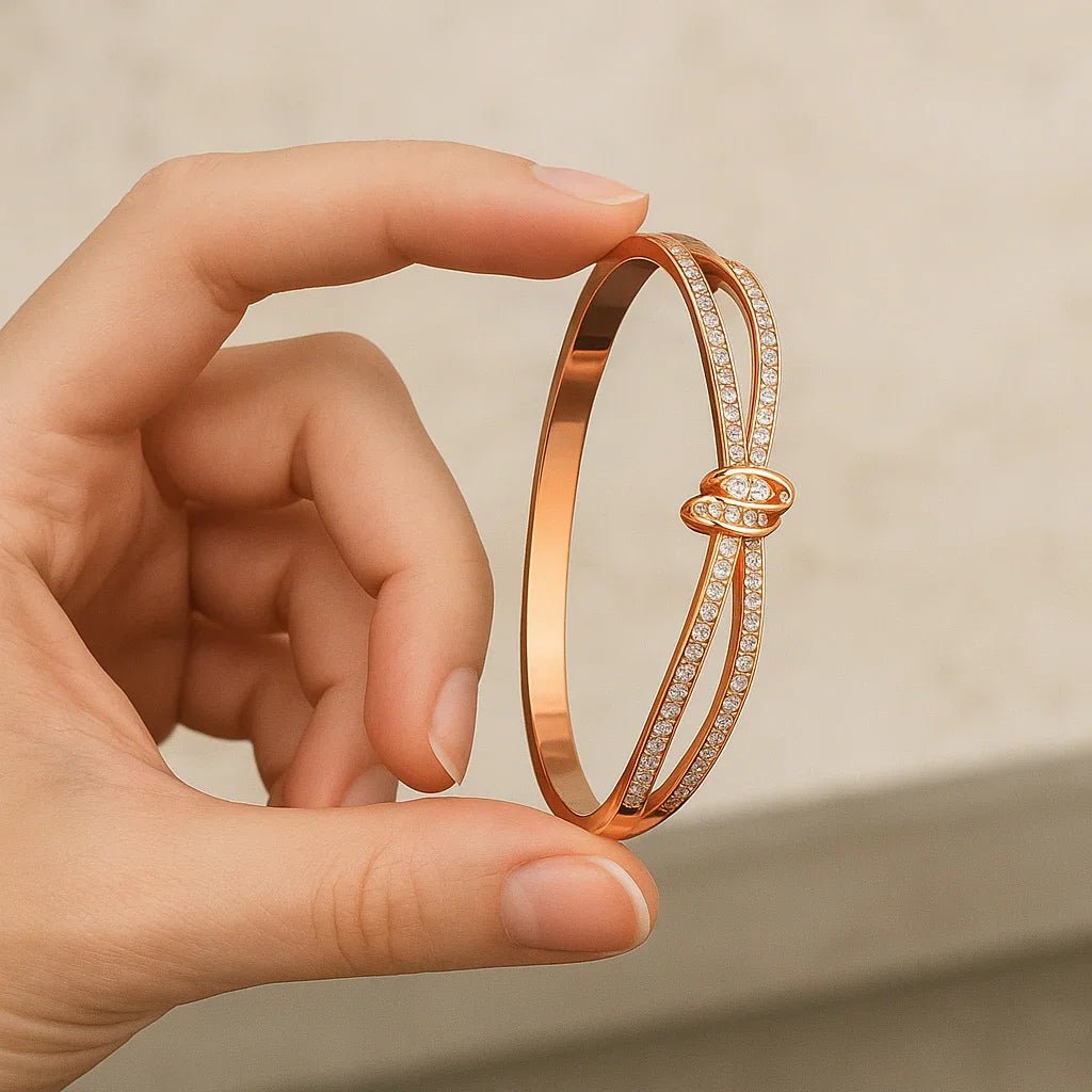 Rose Gold Knot Bangle with Diamond Accents - Gems and Glitter anta - tarnish