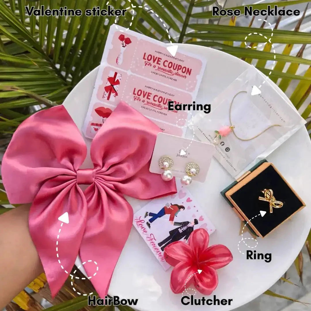 Valentine Combo (6 Items) – Ring • Earrings • Necklace • Hair Bow • Hair Clutcher • Love Coupon