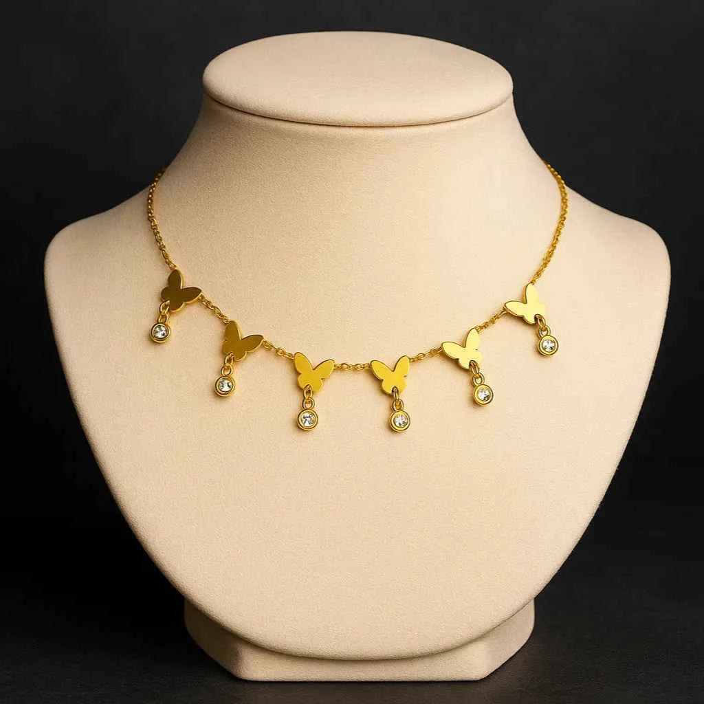 Gold Butterfly Pendant Necklace with CZ Charms – Anti-Tarnish Shine