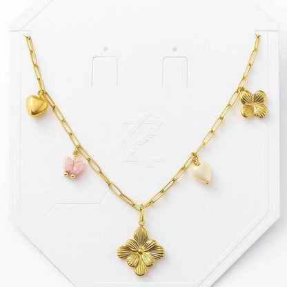 Anti-Tarnish Gold Charm Necklace with Butterfly, Heart & Floral Pendants