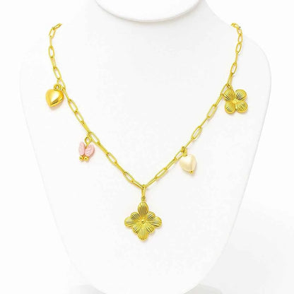 Anti-Tarnish Gold Charm Necklace with Butterfly, Heart & Floral Pendants
