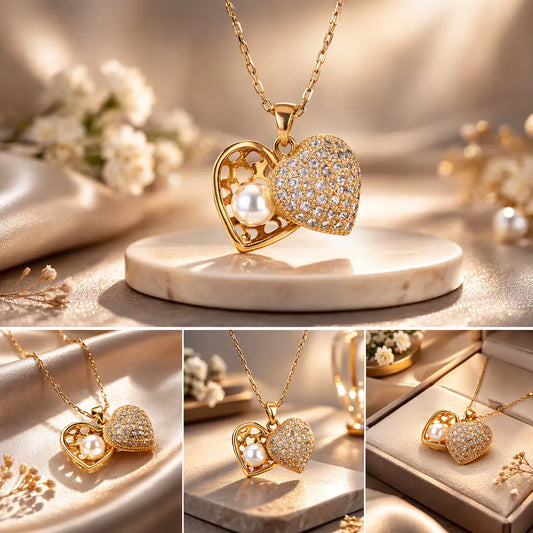 Heart-shaped gold necklace with pearl centerpiece on a marble stand, surrounded by flowers.