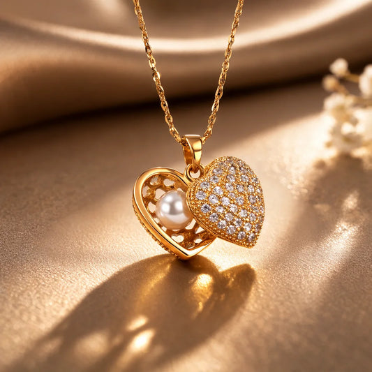 Gold heart-shaped necklace with a pearl and diamond pendant on a gold surface