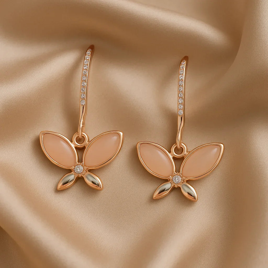 Anti-Tarnish Rose Gold Butterfly Drop Earrings with Crystals - Gems and Glitter