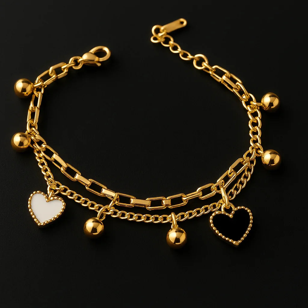 Anti-Tarnish - Anti-Tarnish Dual Heart Charm Gold Bracelet – Waterproof & Elegant - Gems and Glitter