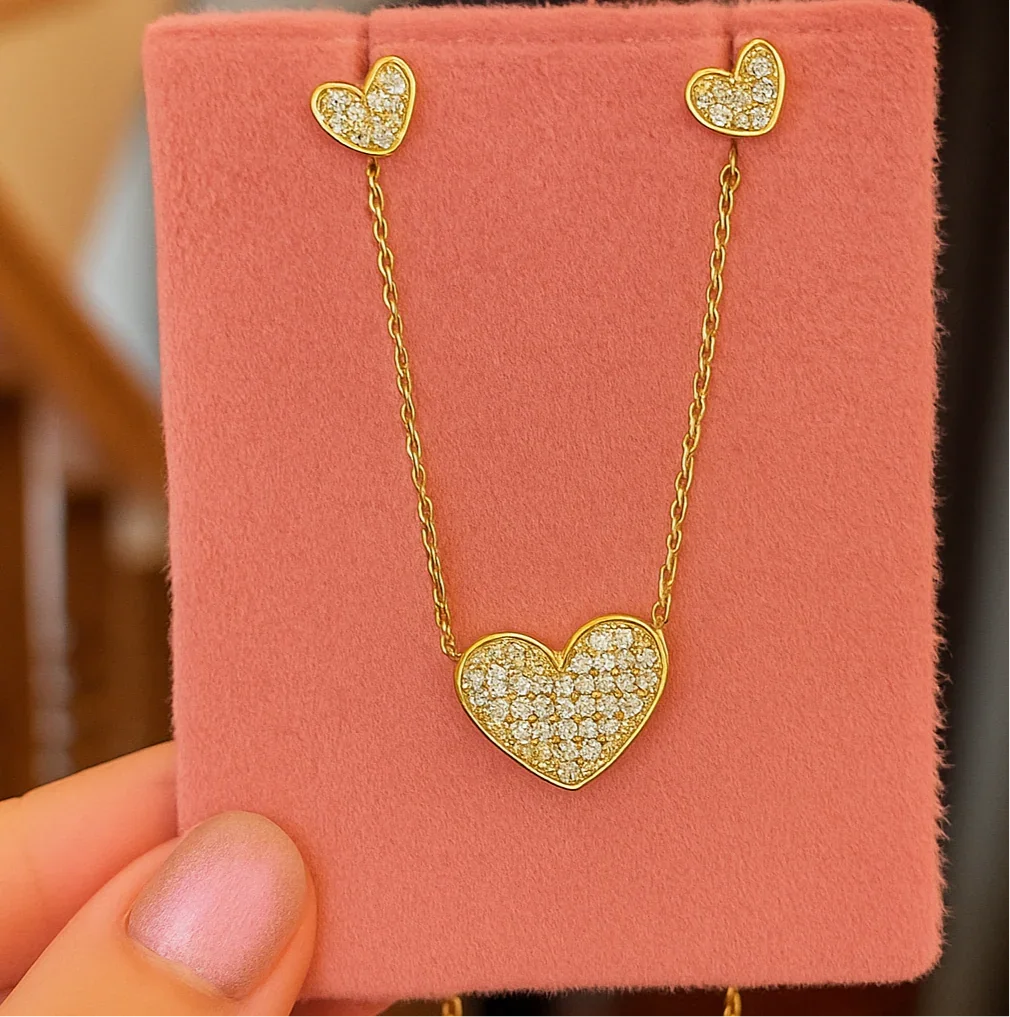 Gold-Plated Heart Pendant Set with Earrings – Dainty Crystal Jewelry - Gems and Glitter