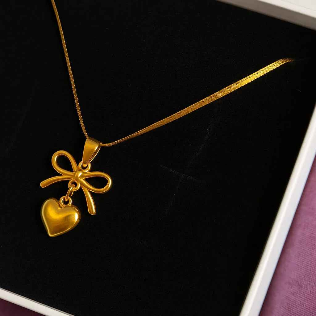 Golden Heart & Bow Pendant Necklace - Gems and Glitter