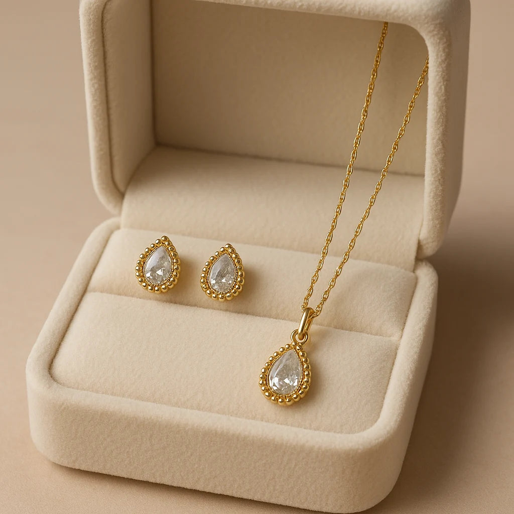 Anti-tarnish gold teardrop pendant set with earrings in jewelry box