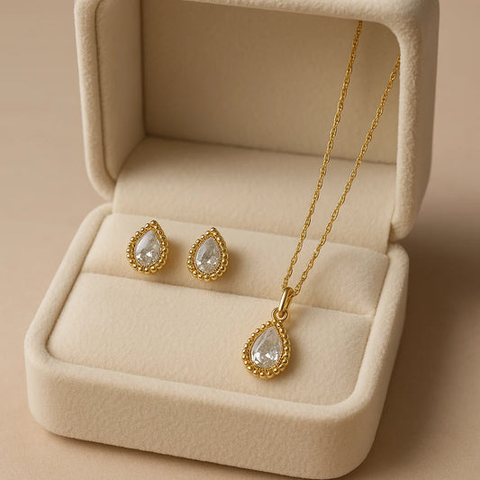 Anti-tarnish gold teardrop pendant set with earrings in jewelry box