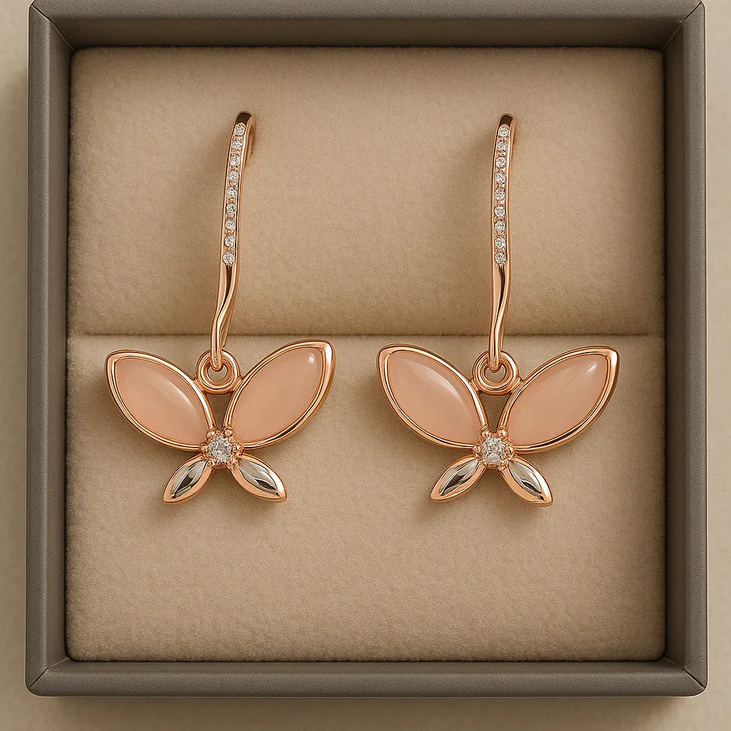 Anti-Tarnish Rose Gold Butterfly Drop Earrings with Crystals - Gems and Glitter