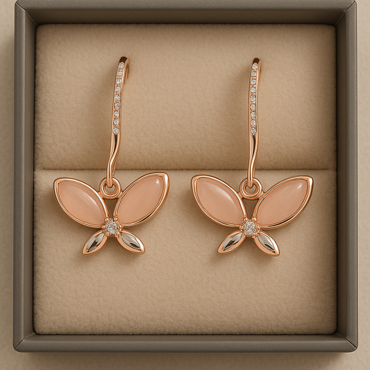 Anti-Tarnish Rose Gold Butterfly Drop Earrings with Crystals