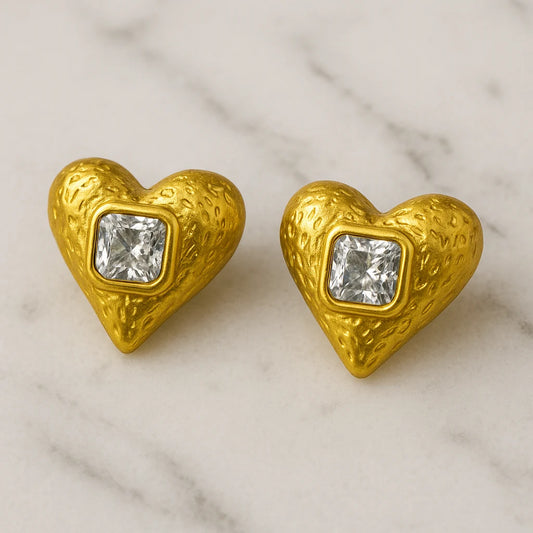 Anti-Tarnish Gold Heart Earrings with Square Crystal – waterproof and durable
