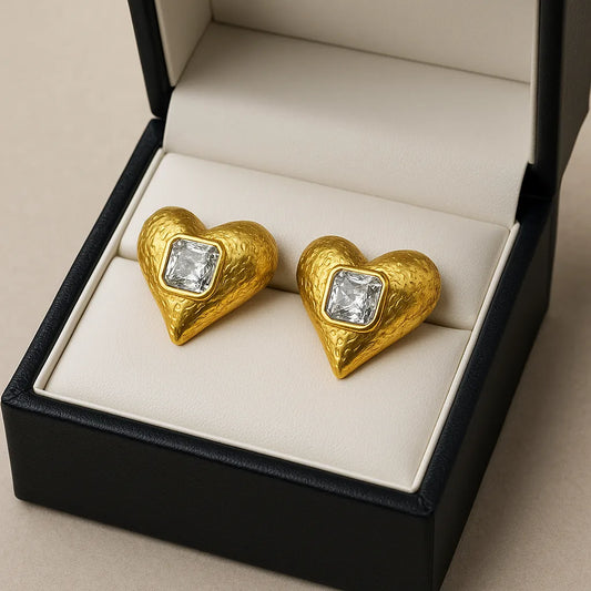 Anti-Tarnish Gold Heart Earrings with Square Crystal – waterproof and durable