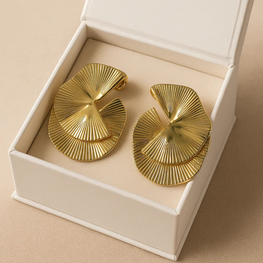 Gold Tone Fan-Shaped Earrings – Statement Anti-Tarnish Jewelry - Gems and Glitter