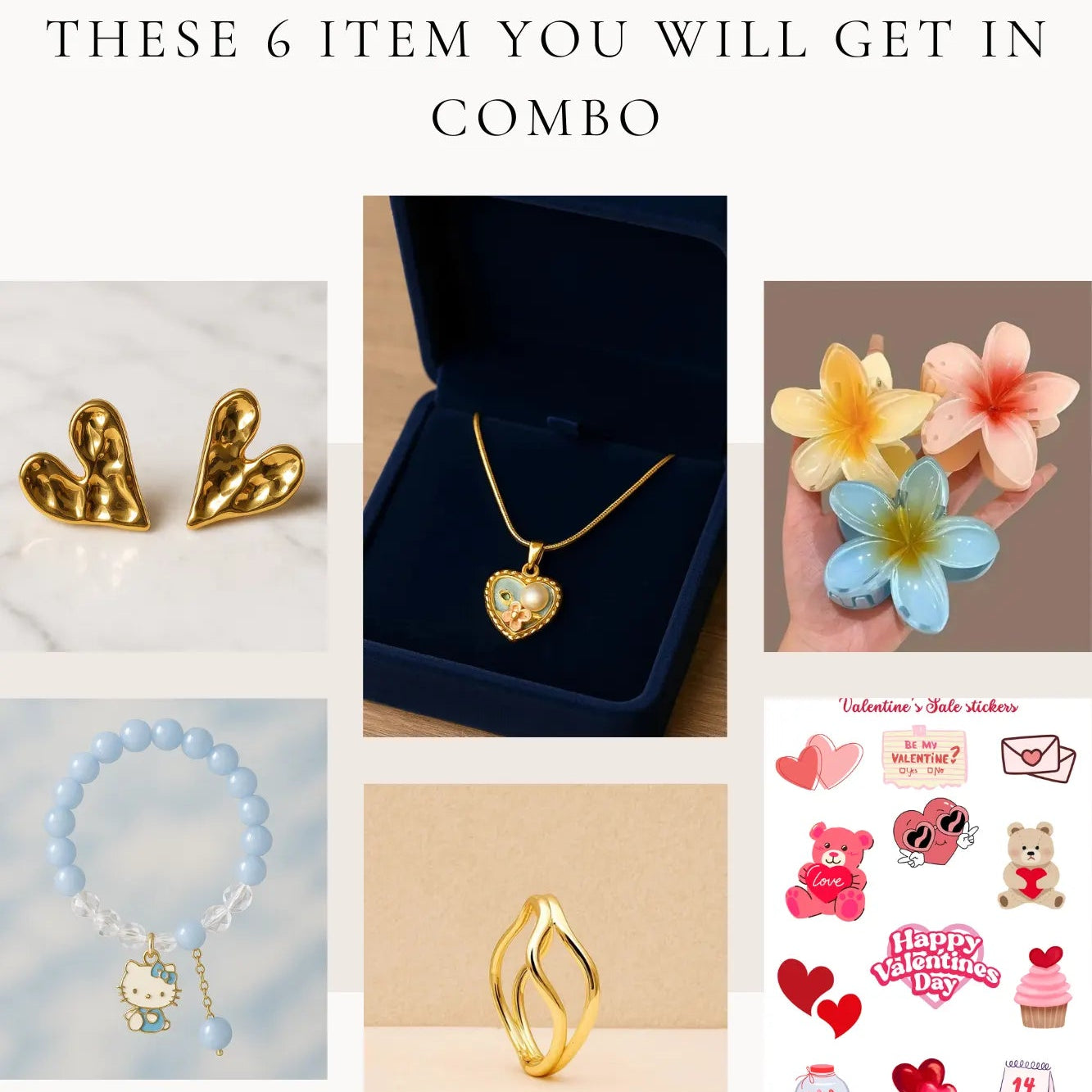Collage of jewelry and Valentine's Day stickers with text indicating items included in a combo pack.