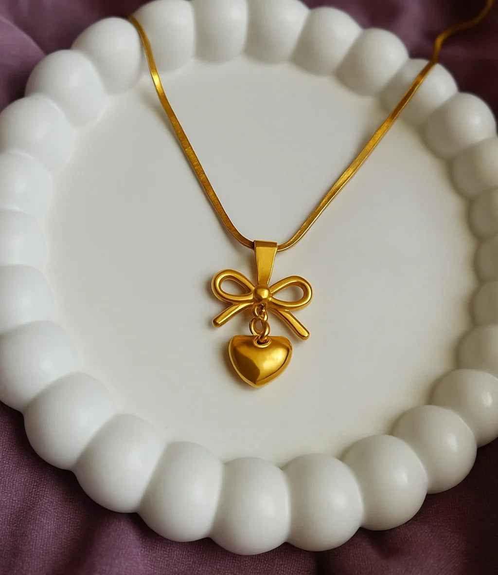 Golden Heart & Bow Pendant Necklace - Gems and Glitter