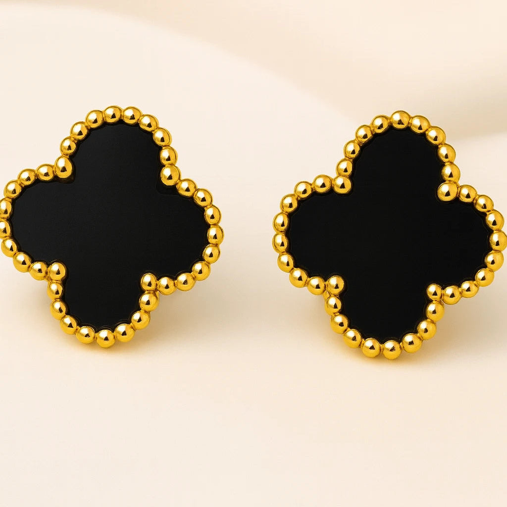 Anti-Tarnish Black Clover Gold Jewelry Set with matching necklace, bracelet, earrings, and ring