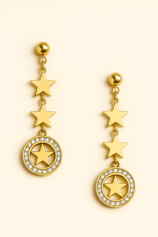 Gold Star Drop Earrings with Black Accent – Dangle Design