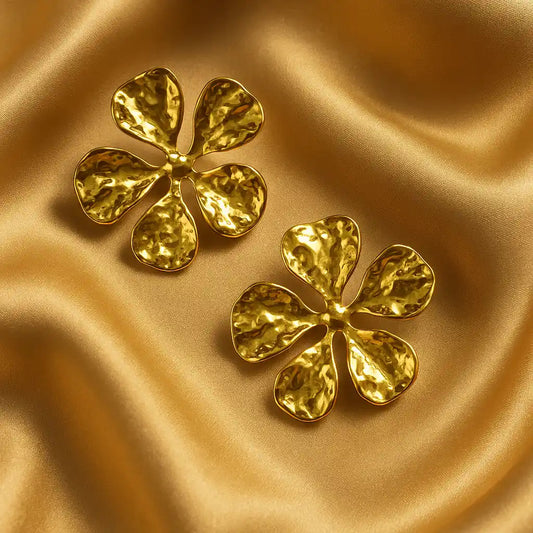 Anti-Tarnish Gold Floral Earrings – Hammered Petal Statement Jewelry