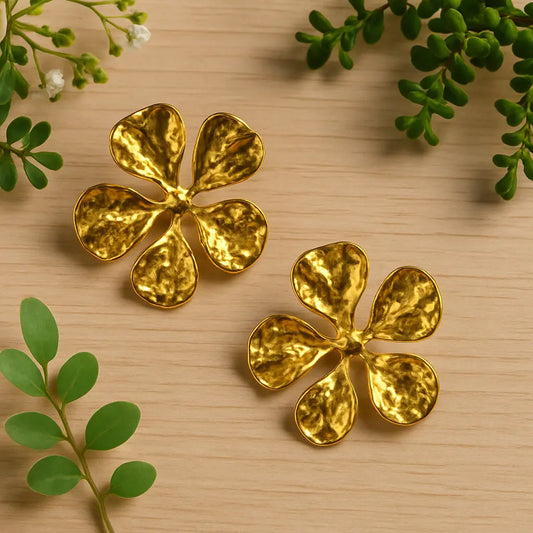 Anti-Tarnish Gold Floral Earrings – Hammered Petal Statement Jewelry