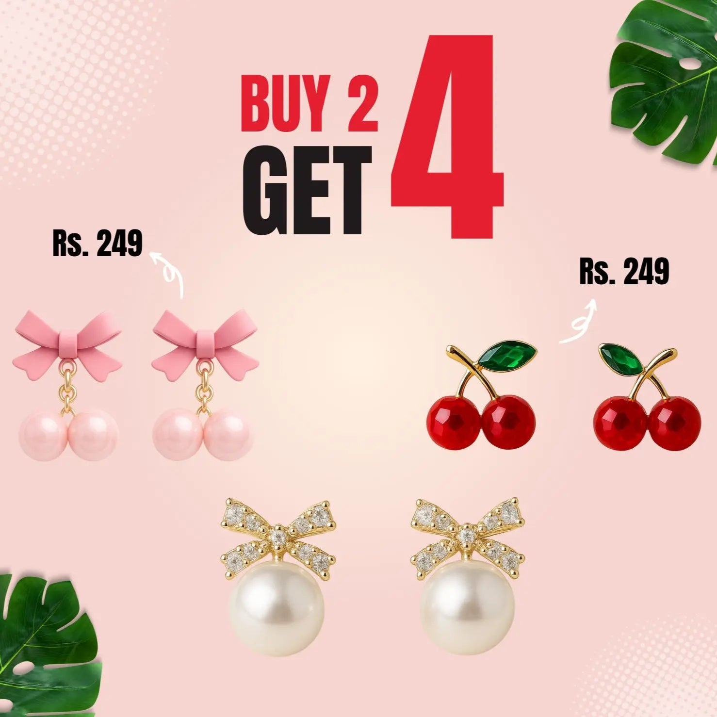 Promotional image of earrings with a 'Buy 2 Get 4' offer on a pink background with green leaves.