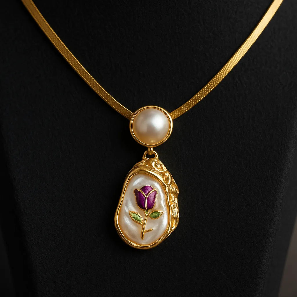 Anti-Tarnish Pearl & Rose Design Pendant Necklace – Elegant Gold Chain Jewelry