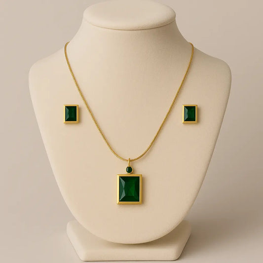 Anti-Tarnish Emerald Green Pendant Set with Earrings in gold finish