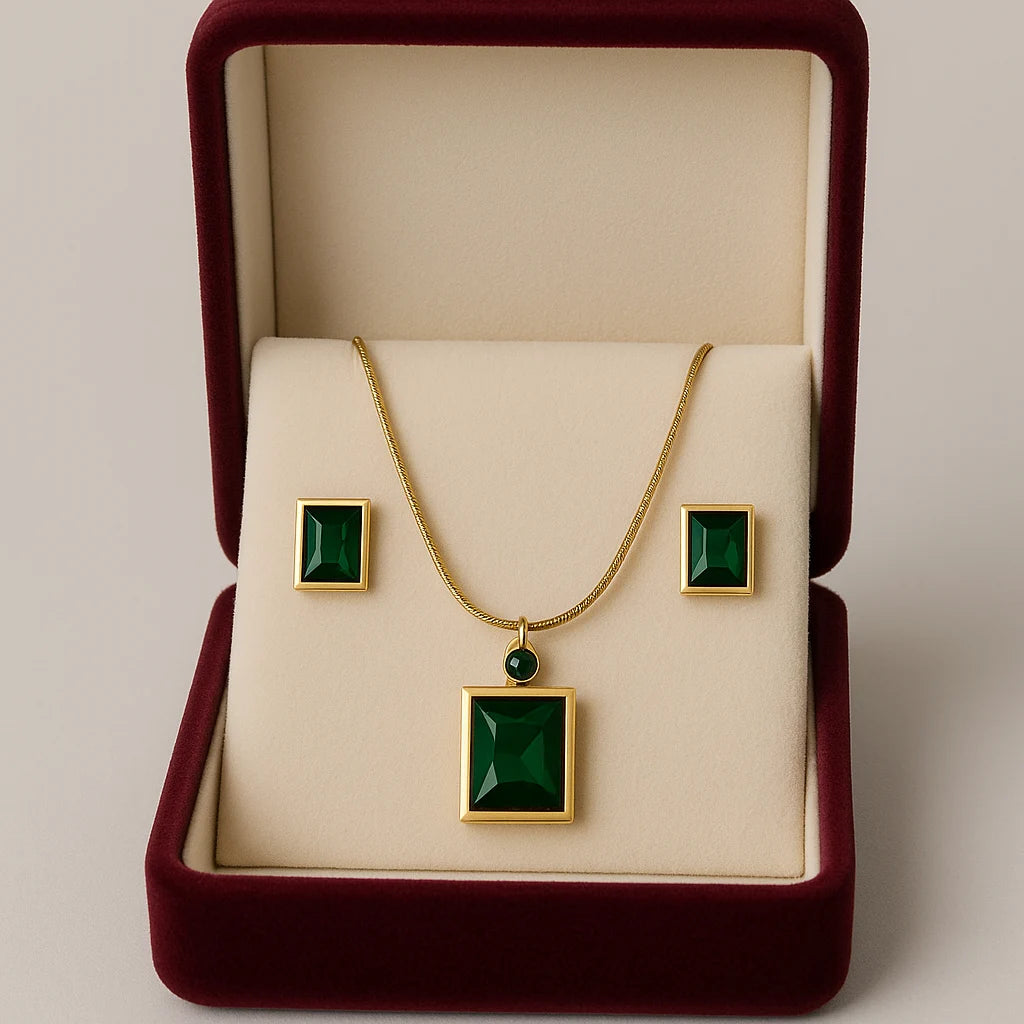 Anti-Tarnish Emerald Green Pendant Set with Earrings in gold finish