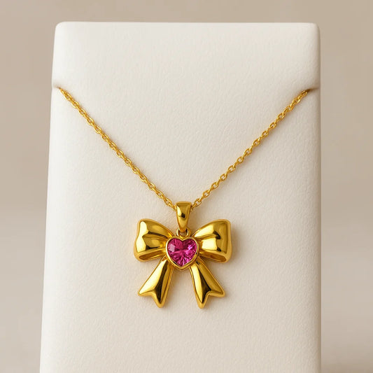 Elegant Bow Heart Necklace – Gold & Pink Stone