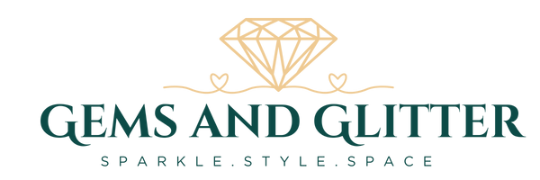 Logo for 'Gems and Glitter' with a diamond and heart design on a white background.