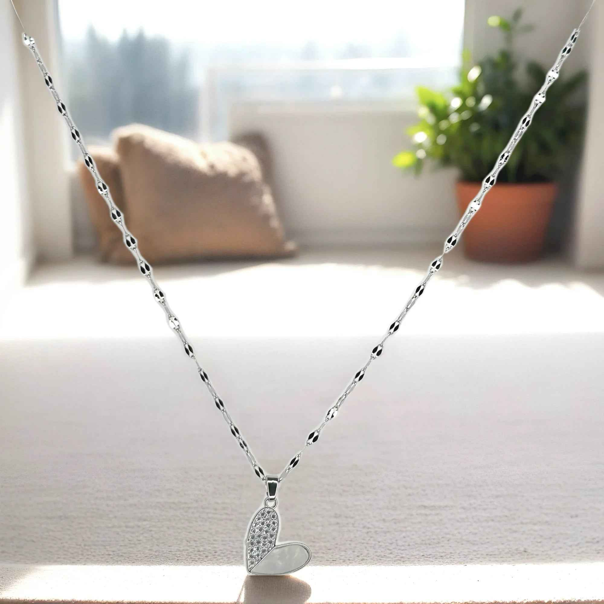 Silver Heart Pendant Necklace for Women & Girls - Elegant Everyday Jewelry - Gems and Glitter