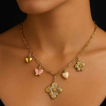 Anti-Tarnish Gold Charm Necklace with Butterfly, Heart & Floral Pendants