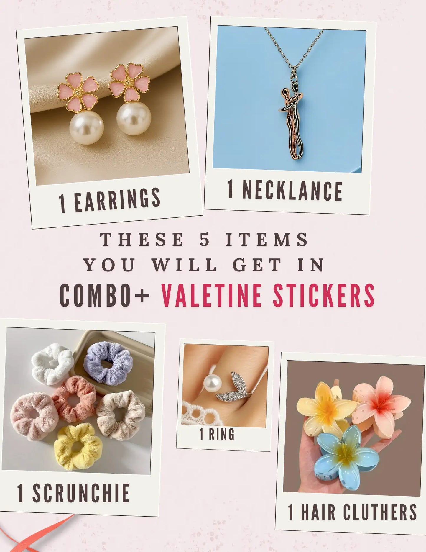 Promotional image of jewelry items including earrings, necklace, ring, scrunchie, and hair clutches with Valentine-themed text and graphics.