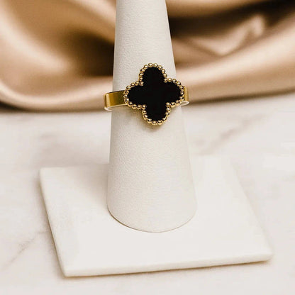 Anti-Tarnish Black Clover Gold Jewelry Set with matching necklace, bracelet, earrings, and ring