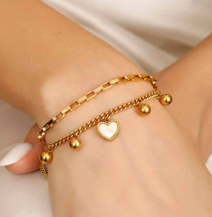 Anti-Tarnish Dual Heart Charm Gold Bracelet – Waterproof & Elegant